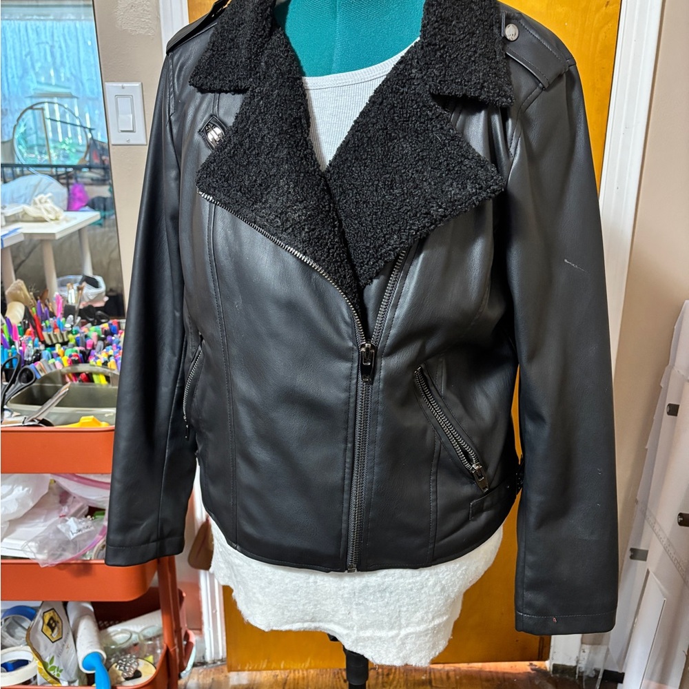Thread & Supply Black Faux Leather Jacket with Fleece Collar